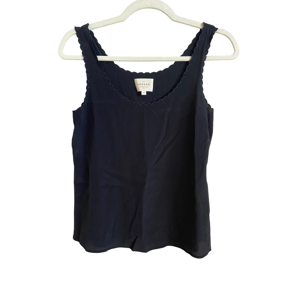 Sezane Black 100% Silk Scalloped Trim Scoop Neck Tank Top Size 34
